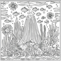 Canvas Print - A vibrant underwater volcano with marine life, coloring page for kids, simple outline illustration. Coloring book, simple lines.