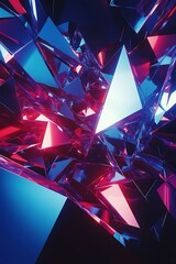 Poster - Abstract Composition of Shimmering Triangular Shapes with Neon Lights and Reflective Surfaces in a Dark Background, Creating a Futuristic Aesthetic