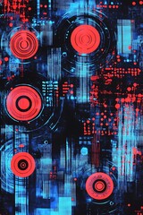 Poster - abstract digital art featuring vibrant red and blue circular patterns on a textured black background