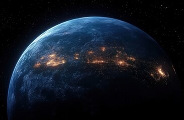 Wall Mural - Stunning View of a Planet at Night from Space, Showcasing Illuminated Cities Along the Ocean with Stars and a Black Background in a Vast Universe