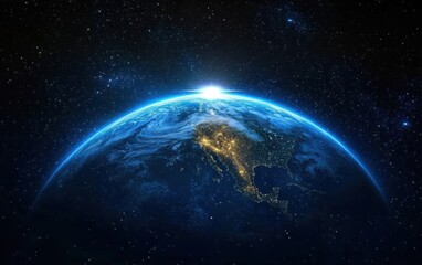 Wall Mural - Majestic View of Earth from Space at Dawn with Bright Sunlight Illuminating North America and a Starry Background