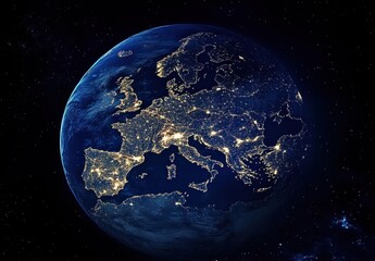 Wall Mural - Stunning Satellite View of Europe at Night Showcasing Illuminated Cities and Geographical Details of the Continent from Space