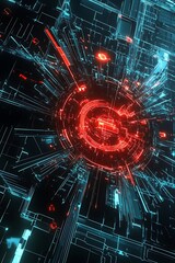 Poster - abstract futuristic digital background with glowing lines and geometric patterns in blue and red, re