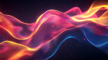 Poster - Abstract Waveform: Vibrant Hues of Pink, Orange, and Blue with Glowing Particles