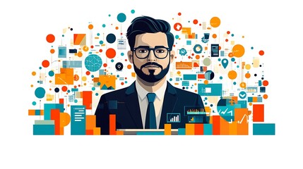Poster - Businessman Portrait Immersed in Data Visualization and Analytics
