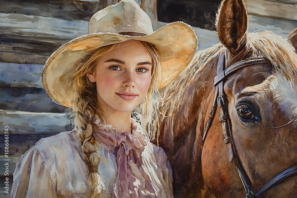 Watercolor Painting of a Young Woman with Blonde Hair in a Cowboy Hat ...
