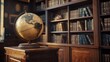 © Nicat - An old geographic globe in a cabinet, set against a bookshelf background, representing history, geography, and learning.