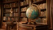 © Nicat - An old geographic globe in a cabinet, set against a bookshelf background, representing history, geography, and learning.