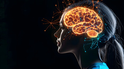 Wall Mural - Profile of a woman with a glowing brain illustration.