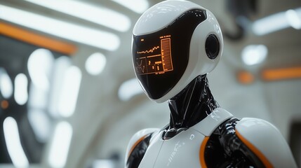 Poster - In a room, there stands a robot that is wearing a helmet on its head