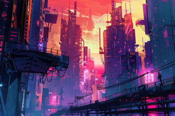 Poster - A futuristic cityscape with bold, contrasting colors and clear lines.