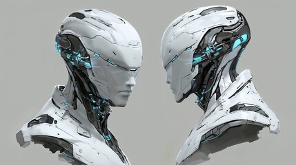 Two robots standing together on a gray background