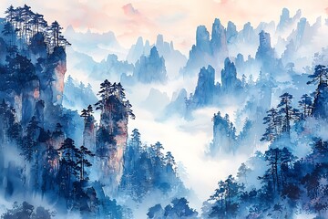 Wall Mural - Serene Blue Mountain Landscape A Watercolor Painting of Misty Peaks and Towering Pines.  This digital artwork evokes a sense of tranquility and wonder.