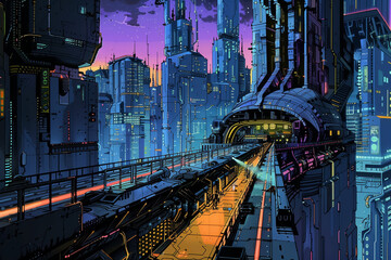 Poster - A futuristic cityscape with bold, contrasting colors and clear lines.