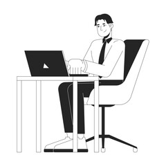 Poster - asian man working on laptop black and white 2d line character. business career. positive korean male