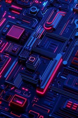 Poster - futuristic abstract circuit board design with neon lights and dark background, representing technolo