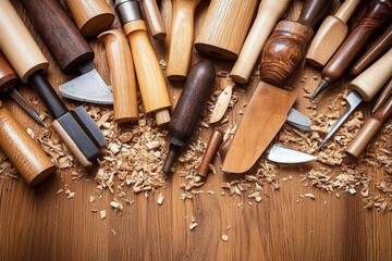 Traditional Woodworking Tools on Rustic Wooden Surface with Shavings and Chips