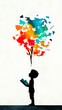 © F-STUDIO - A silhouette of a child reading, with colorful splashes of creativity and imagination emerging above, symbolizing the power of books.