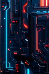 Poster - futuristic cyber circuitry with neon lights in blue and red on dark background representing technolo