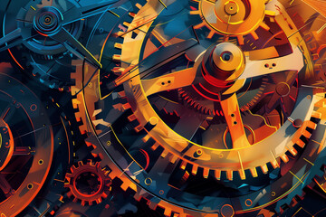 Poster - An intricate clockwork mechanism with vibrant colors and sharp lines.
