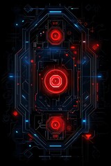 Poster - Futuristic Digital Interface with Red and Blue Neon Lights on Dark Background, Abstract Technology Concept Geometric Shapes and Circuit Design