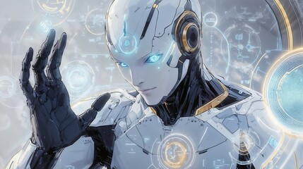 Poster - A robot with blue eyes stands in front of a computer screen