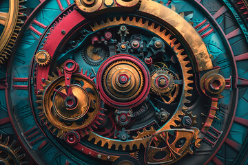 Poster - An intricate clockwork mechanism with vibrant colors and sharp lines.