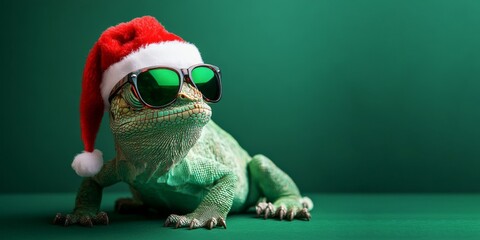 Wall Mural - merry christmas concept holiday vacation winter animal pet greeting card - cool chameleon with sungl
