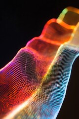 Poster - vibrant light waves in motion captured through fine mesh displaying a spectrum of colors against a d