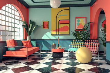 Poster - A minimalist room with geometric furniture and bold color contrasts.