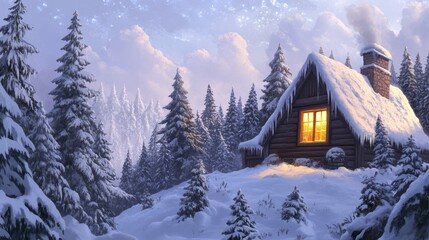 Wall Mural - Enchanting Winter Cabin Retreat Amidst Snowy Landscape