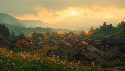 Wall Mural - A scenic view of a rural village at sunset, Rural Landscape, Peaceful and serene