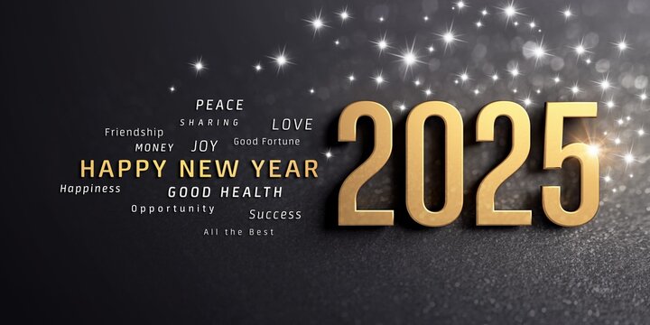 New year 2025 greeting card, gold date number on glittering black background, English best wishes