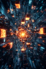 Poster - Abstract View of a Futuristic Data Stream with Glowing Cubes and Bright Orange Light in a Dark Digital Environment Resembling a Virtual Reality Space