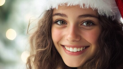 Wall Mural - Smiling girl in a Santa hat during Christmas