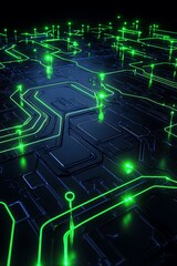 Poster - futuristic abstract circuit board with glowing green lines and nodes in a dark environment for techn