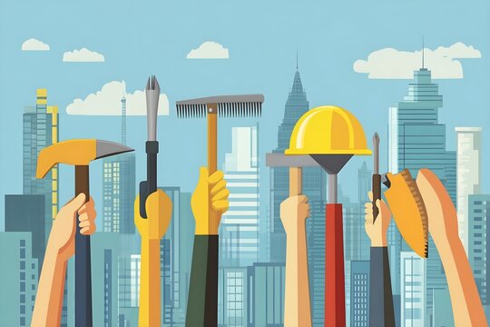 Labour day Safety hard hat and Construction tools background Labour Day concept on isolated background. 1st May celebrate on Labour Day is an annual holiday. celebration, day, poster, illustration,