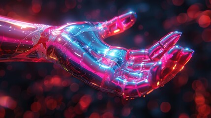 A chrome robotic hand with glowing pink lights in the background, with the palm facing up, as if it's offering something.