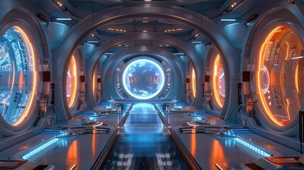 Poster - futuristic career fair with holographic booths and pathway