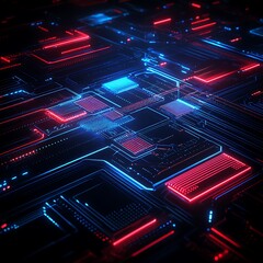Poster - futuristic digital circuit board with neon accents in red and blue colors, abstract technology backg