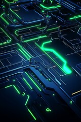 Poster - futuristic digital circuit board with neon green and blue lights in a high-tech abstract environment