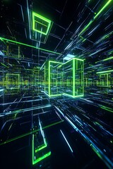 Poster - futuristic digital landscape with neon green lines and geometric shapes representing technology, dat