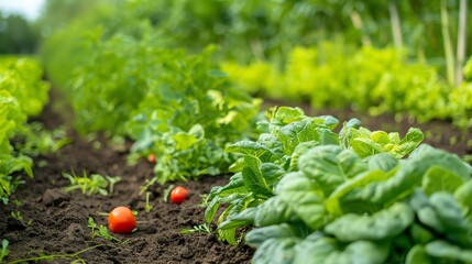 Fresh green leafy vegetables and red tomatoes grow in a garden.