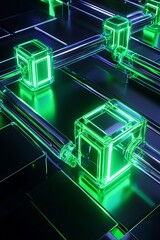 Poster - Futuristic Green Neon Technology Background with Transparent Cubes and Pipes Creating a Modern Abstract Design in a Digital Environment