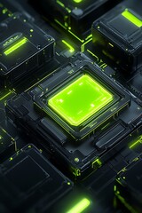 Poster - Futuristic Technology Background with Neon Green Circuitry, Abstract Digital Design Featuring Dark Tones and Geometric Shapes in a High-Tech Environment