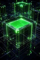 Poster - Futuristic Transparent Green Cubes Illuminated by Neon Lights in an Abstract Digital Space Representing Advanced Technology and Innovation in a Cyber Environment