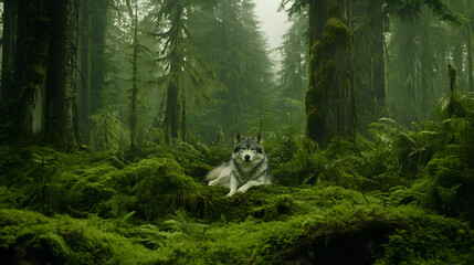 Aufkleber - A serene forest scene featuring a wolf resting among lush green moss and towering trees in a misty atmosphere.