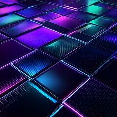 Poster - vibrant abstract background of shimmering tiles with neon glow and reflective surfaces for modern de