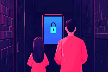 Poster - Two figures stand before a locked device, symbolizing security and digital challenges in modern life.
