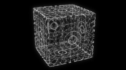 Poster - Space futuristic cube. Network connection structure cyberspace with moving particles and lines. Blockchain white cube. Big data visualization. Abstract cyber security background. 3D rendering.